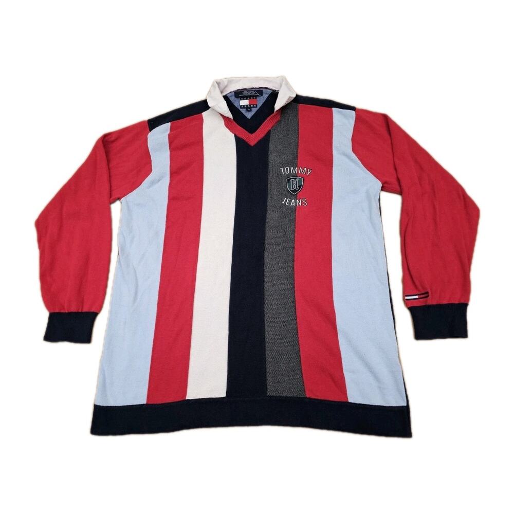 Vtg 90s Tommy Hilfiger Jeans Striped Polo Rugby Shirt Large Sweater Polo